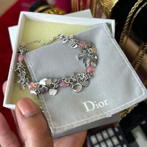 Dior Silver and Pink Heart Charm Bracelet